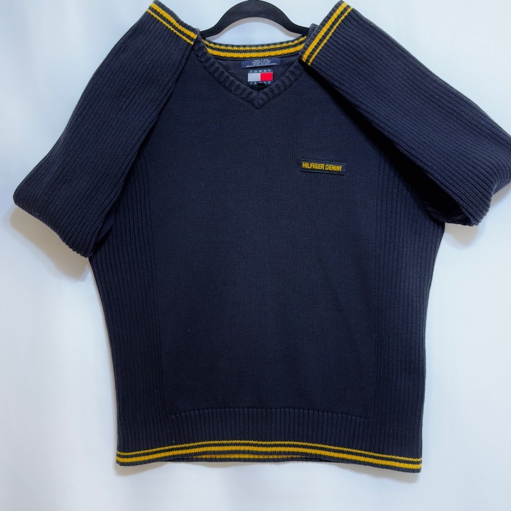 Tommy Jeans with‎ Hilfiger Denim Logo Mens Pullover Black V Neck Sweater Size L